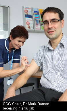 CCG Chair, Dr Mark Dornan, receiving his flu jab CCG Chair, Dr Mark Dornan, receiving his flu jab